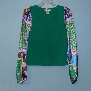 Bailey 44 Ribbed Puffy Patchwork Blouse Green Long-Sleeve Top Size Large